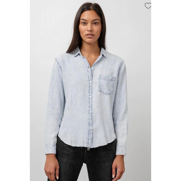 Rails Womens Ingrid Raw Hem Button Down Shirt Long Sleeve Chambray Acid Wash M - Picture 1 of 9